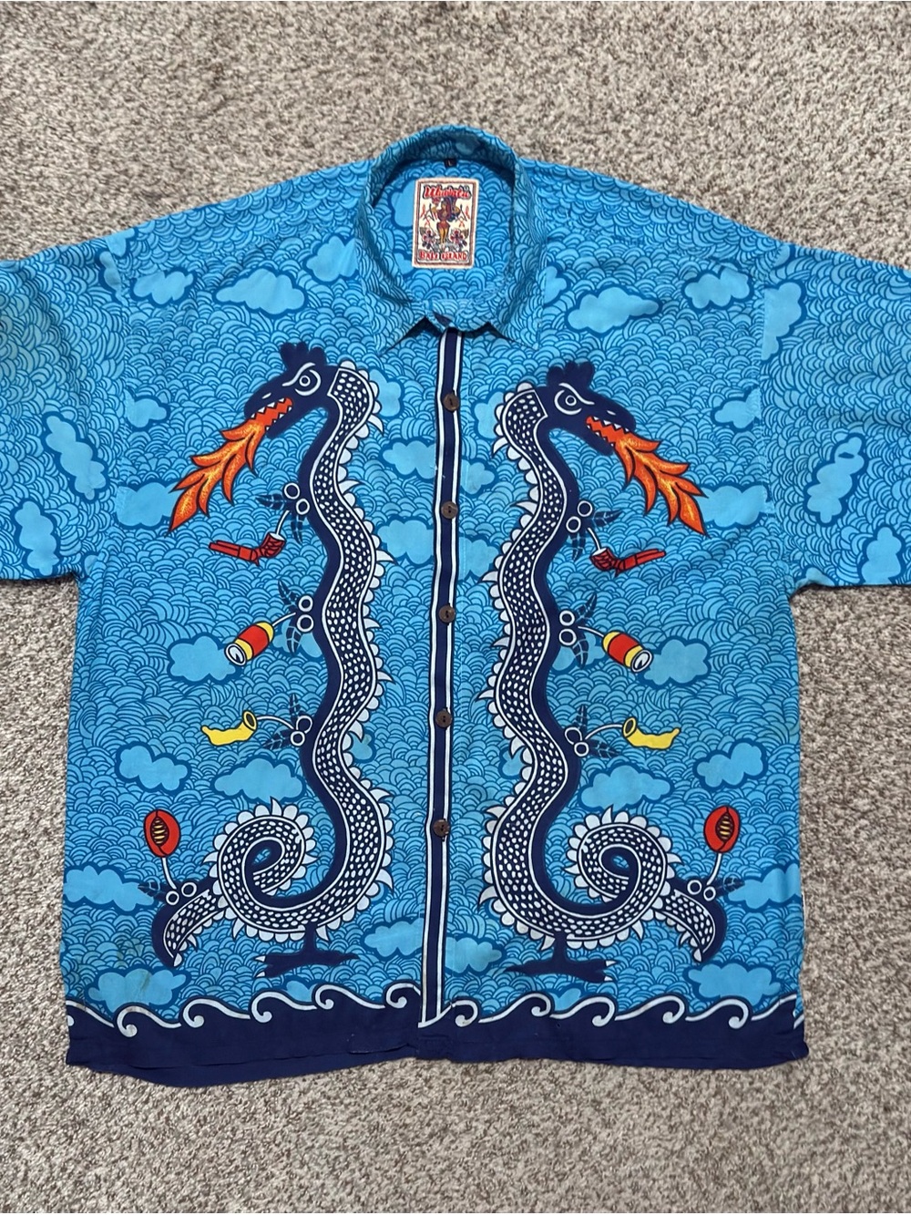 Vintage 90s Uluwatu Bali Island Loud Shirt Large Dragon Graphic Print Rayon Blue